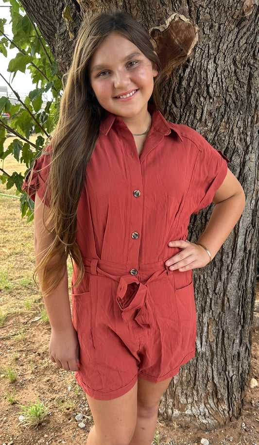 Terracotta Button Front Romper With Waist Tie