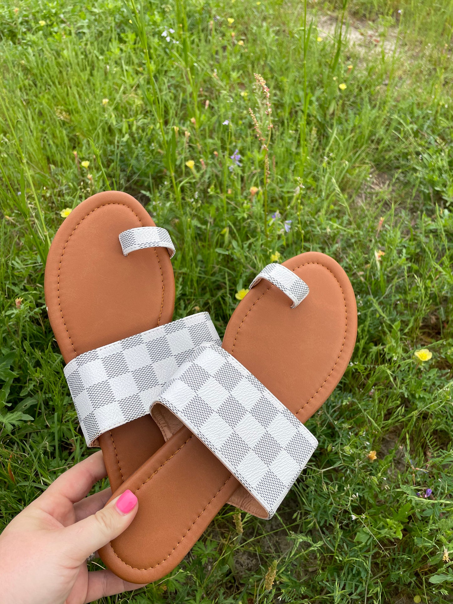 White/Grey Check Sandals